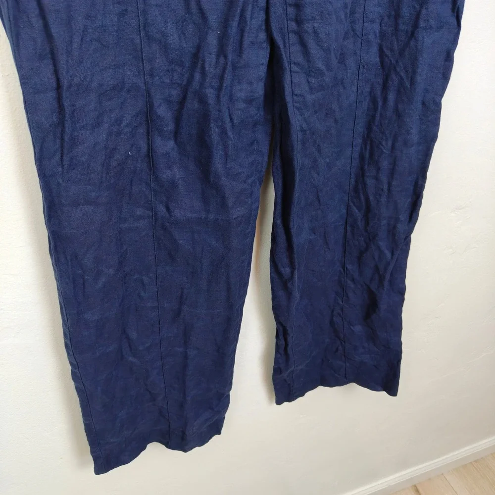 Zara Womens Pants Large Navy Blue 100% Linen Straight Leg High Rise Seam Detail